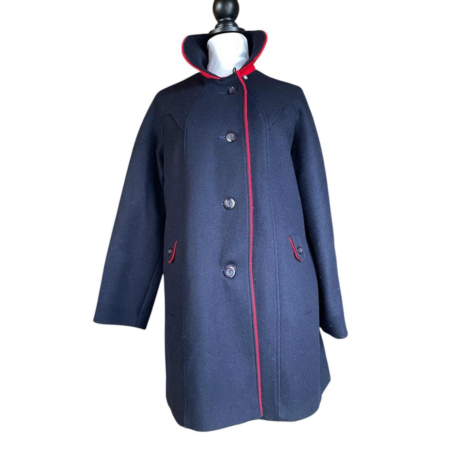 Vintage Ilgwu Navy Wool Coat Red Trim Usa Made Mod Military Style Women’s Large